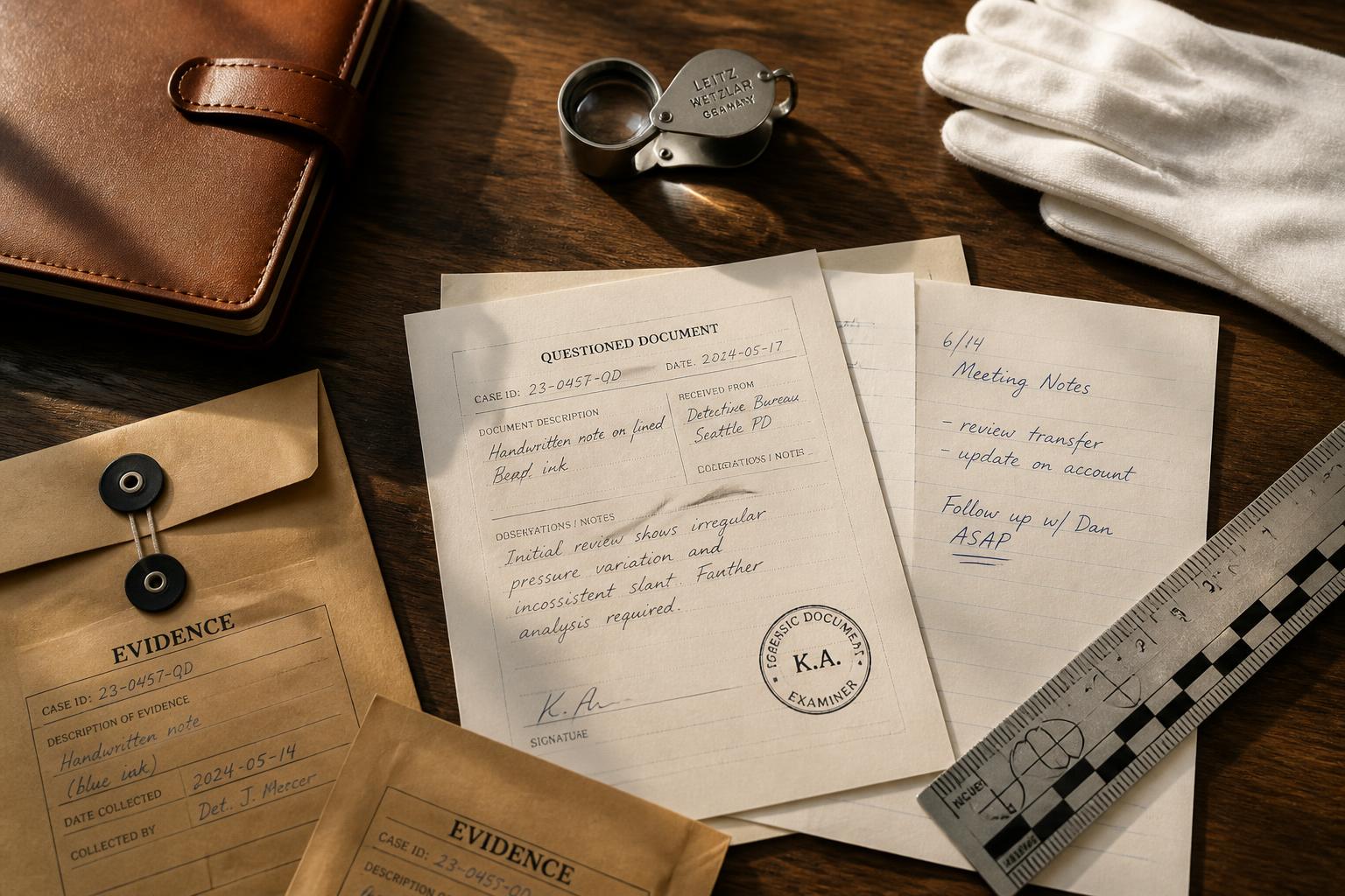 Archival document sleeves and a leather case file arranged on linen